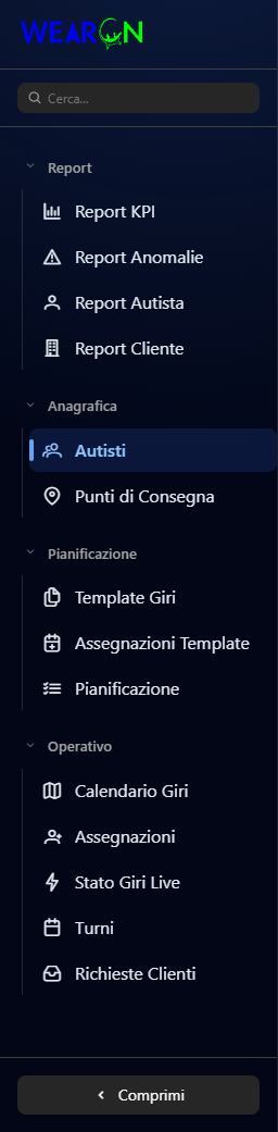 Il menu laterale del modulo Autisti, con i gruppi Report, Anagrafica, Pianificazione e Operativo