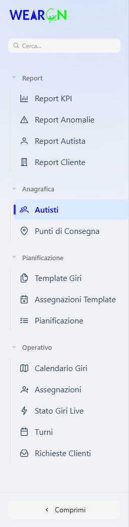Il menu laterale del modulo Autisti, con i gruppi Report, Anagrafica, Pianificazione e Operativo