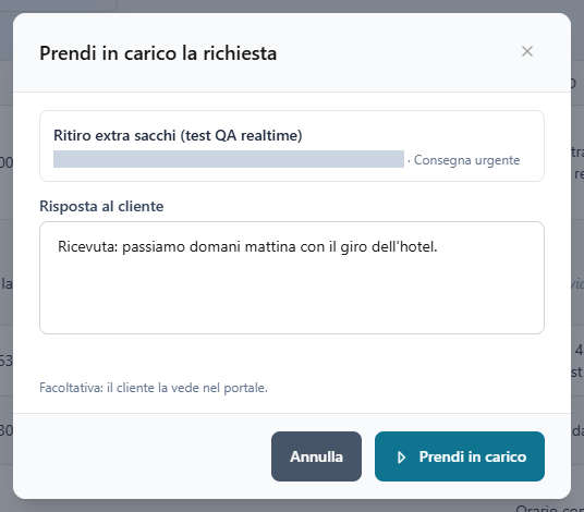 La finestra Prendi in carico la richiesta, con una prima risposta al cliente; il nome del cliente è coperto