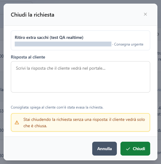 La finestra Chiudi la richiesta con l'avviso per la risposta mancante; il nome del cliente è coperto
