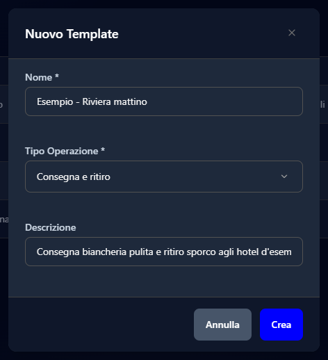 La finestra Nuovo Template compilata con nome, tipo operazione e descrizione