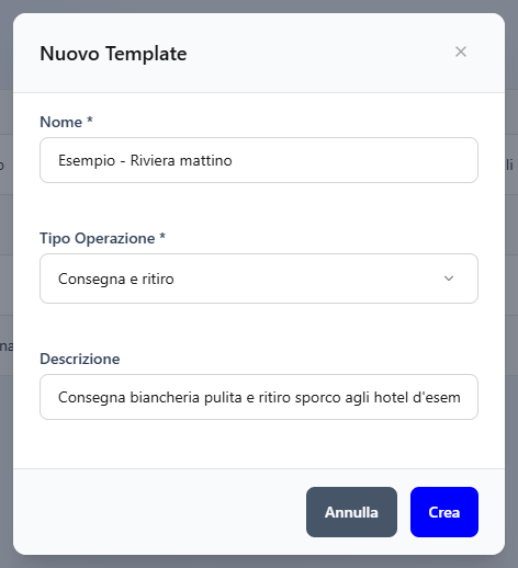 La finestra Nuovo Template compilata con nome, tipo operazione e descrizione