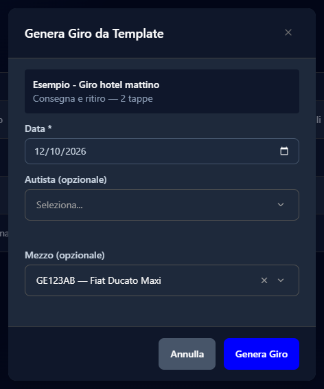 La finestra Genera Giro da Template con la data del giro e un mezzo diverso da quello abituale