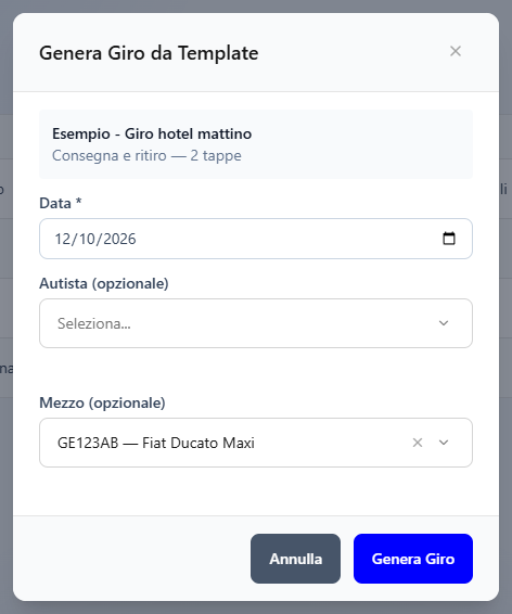 La finestra Genera Giro da Template con la data del giro e un mezzo diverso da quello abituale