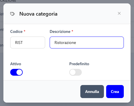 La finestra Nuova categoria con codice RIST e descrizione Ristorazione
