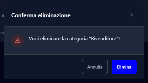 La finestra Conferma eliminazione per la categoria Rivenditore