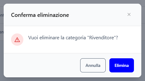 La finestra Conferma eliminazione per la categoria Rivenditore