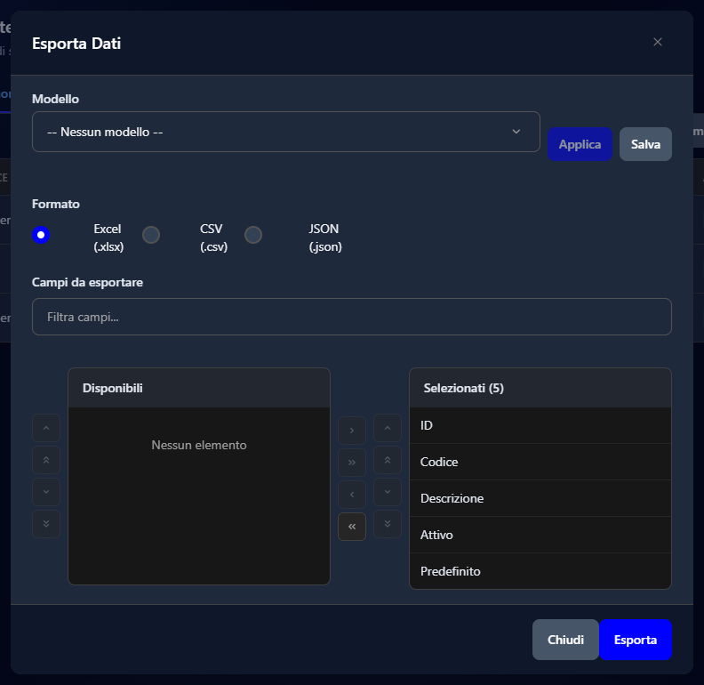 La finestra Esporta Dati con il formato Excel e tutti i campi della categoria selezionati