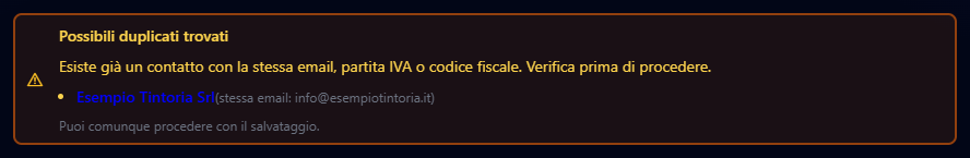 L'avviso Possibili duplicati trovati con il contatto che ha la stessa email