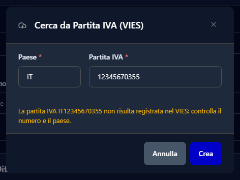 La finestra Cerca da Partita IVA (VIES) con il messaggio di partita IVA non registrata