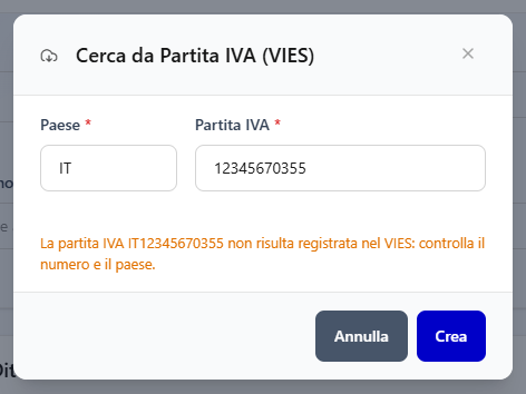 La finestra Cerca da Partita IVA (VIES) con il messaggio di partita IVA non registrata