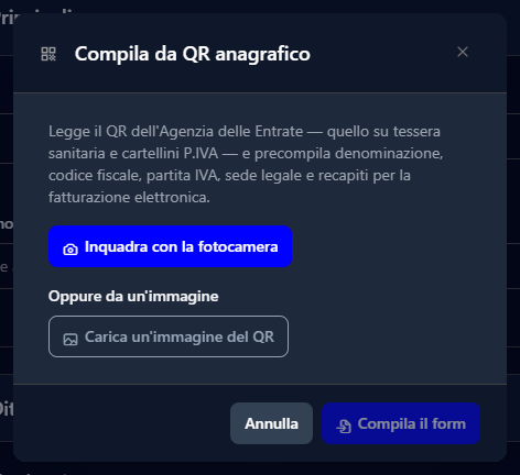 La finestra Compila da QR anagrafico con i pulsanti per la fotocamera e per l'immagine