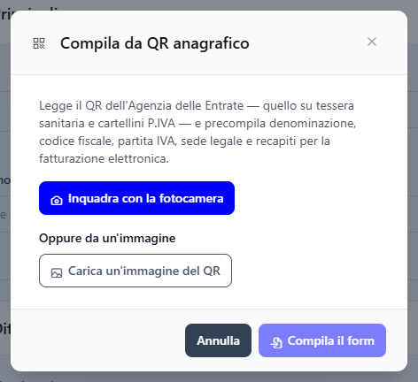 La finestra Compila da QR anagrafico con i pulsanti per la fotocamera e per l'immagine