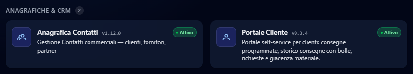 Il gruppo Anagrafiche & CRM della dashboard, con la scheda Anagrafica Contatti
