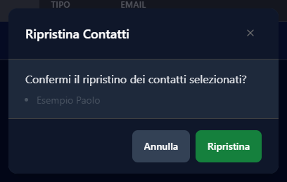 La finestra Ripristina Contatti con il nome del contatto da ripristinare