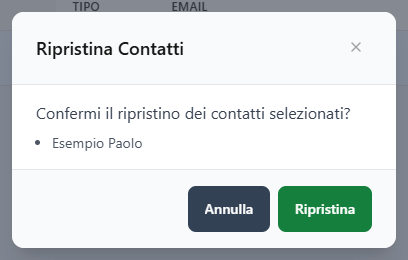 La finestra Ripristina Contatti con il nome del contatto da ripristinare
