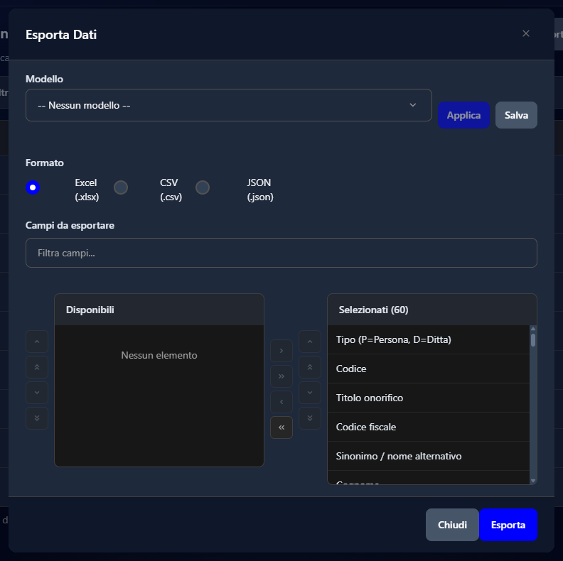 La finestra Esporta Dati con il formato Excel e tutti i campi del contatto selezionati