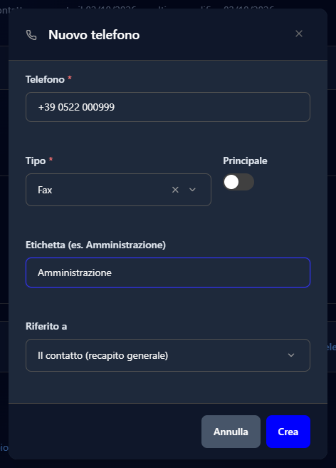 La finestra Nuovo telefono compilata con il fax dell'amministrazione