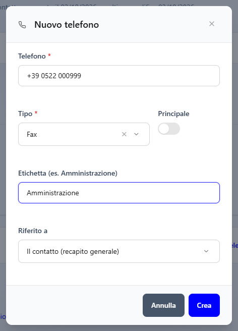 La finestra Nuovo telefono compilata con il fax dell'amministrazione