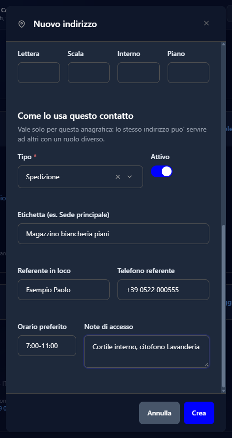 La finestra Nuovo indirizzo nella parte Come lo usa questo contatto, con tipo Spedizione, referente, orario e note di accesso