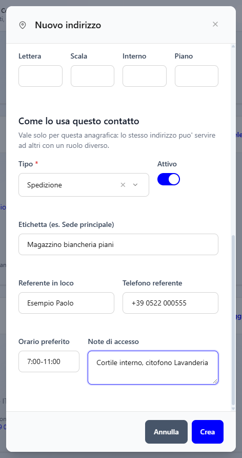 La finestra Nuovo indirizzo nella parte Come lo usa questo contatto, con tipo Spedizione, referente, orario e note di accesso