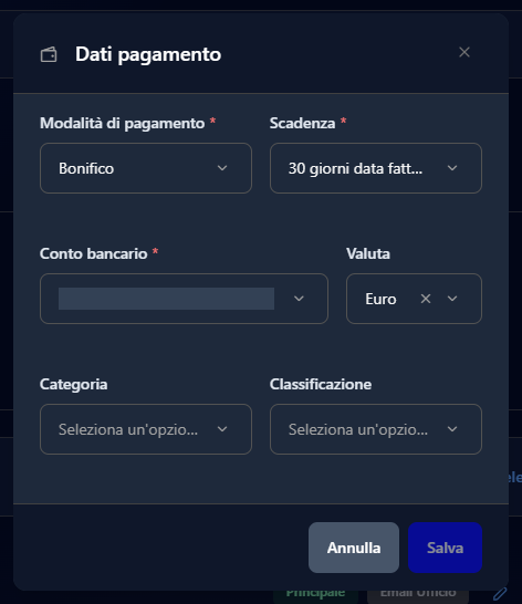 La finestra Dati pagamento con modalità Bonifico e scadenza a 30 giorni data fattura fine mese; il conto bancario è coperto
