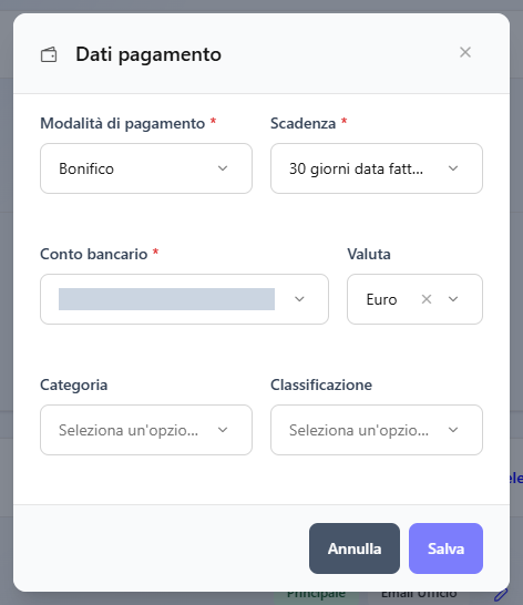 La finestra Dati pagamento con modalità Bonifico e scadenza a 30 giorni data fattura fine mese; il conto bancario è coperto