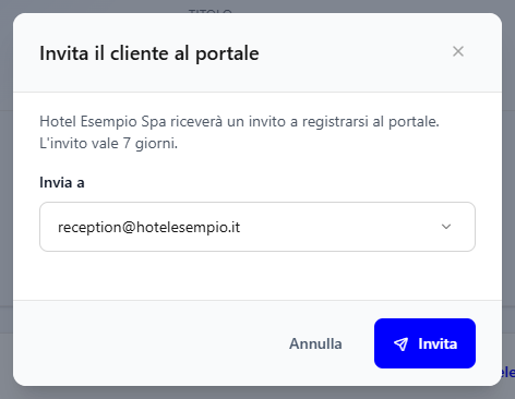 La finestra Invita il cliente al portale con l'email principale già proposta