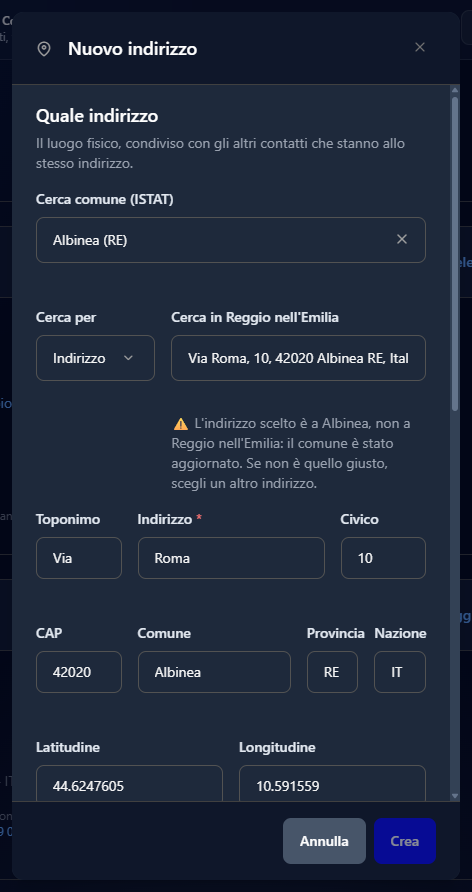 La finestra Nuovo indirizzo dopo aver scelto una via di Albinea: il comune è passato da Reggio nell'Emilia ad Albinea e sotto la ricerca compare l'avviso