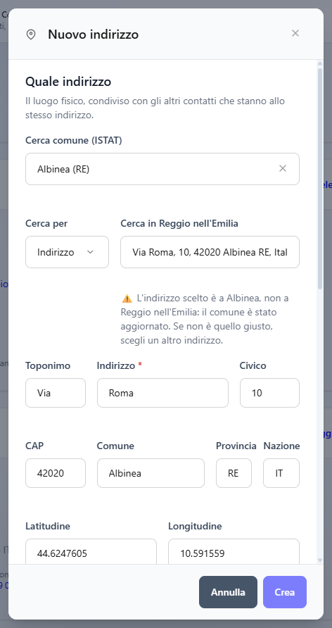 La finestra Nuovo indirizzo dopo aver scelto una via di Albinea: il comune è passato da Reggio nell'Emilia ad Albinea e sotto la ricerca compare l'avviso