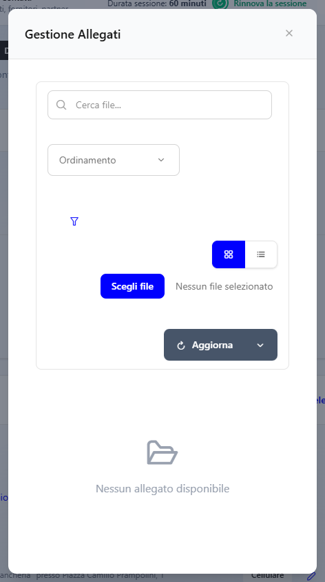 La finestra Gestione Allegati del ruolo Cliente, ancora senza documenti