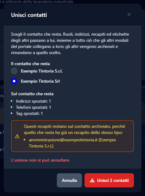 La finestra Unisci contatti con Esempio Tintoria Srl come contatto che resta, l'anteprima di cosa si sposta e l'email che resta sul contatto archiviato