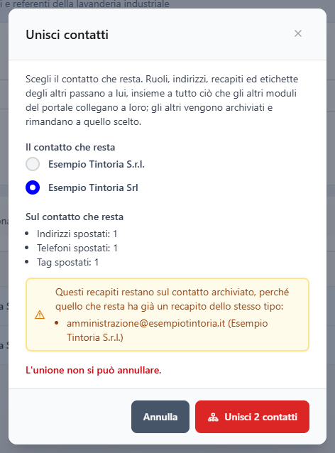 La finestra Unisci contatti con Esempio Tintoria Srl come contatto che resta, l'anteprima di cosa si sposta e l'email che resta sul contatto archiviato