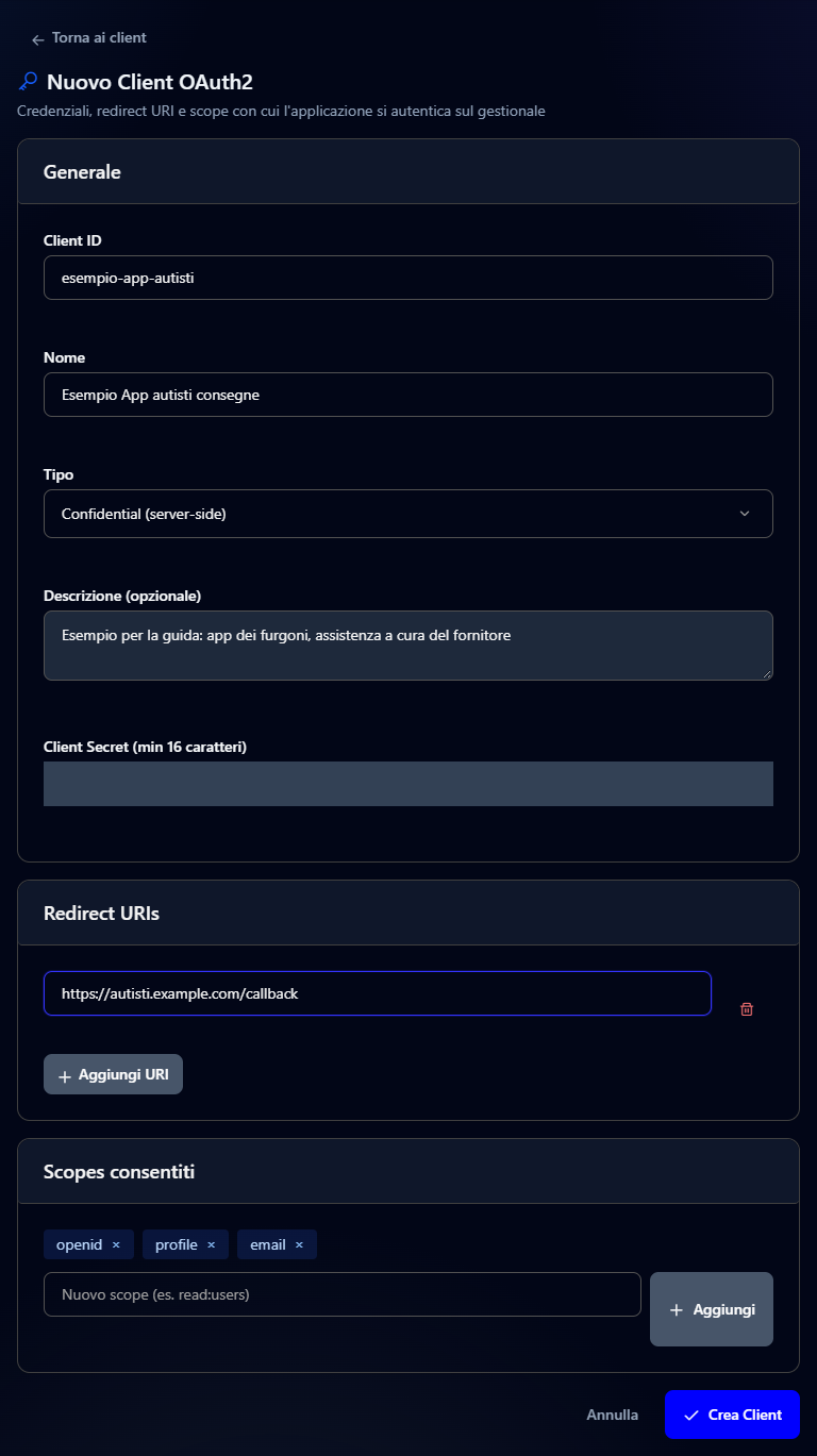 La pagina Nuovo Client OAuth2 compilata con i dati di un'applicazione d'esempio, con la parola segreta oscurata