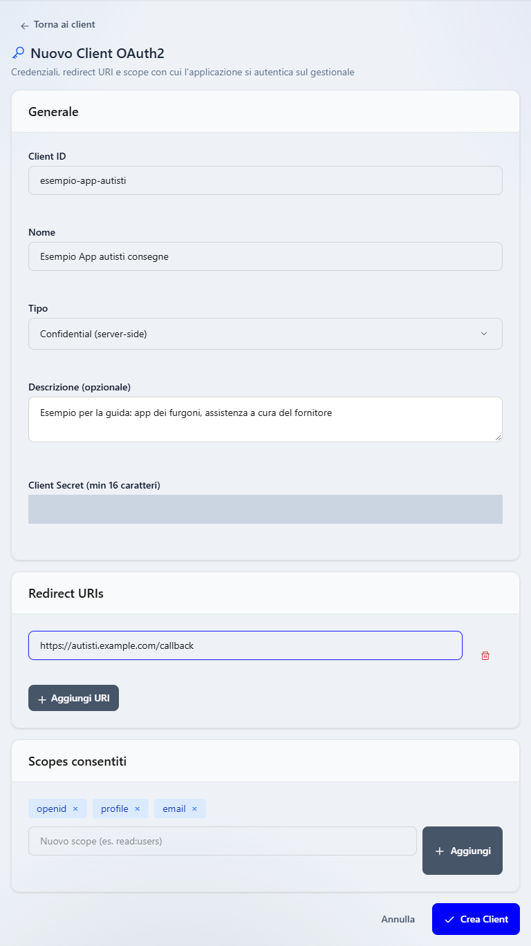 La pagina Nuovo Client OAuth2 compilata con i dati di un'applicazione d'esempio, con la parola segreta oscurata