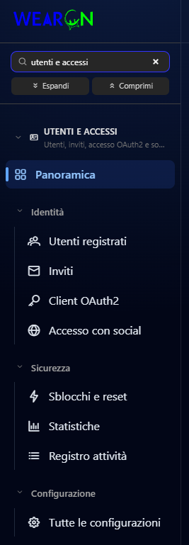 Il menu delle impostazioni filtrato sul gruppo Utenti e accessi, con la Panoramica aperta