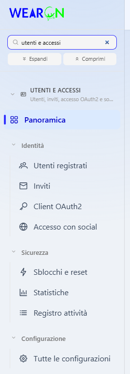 Il menu delle impostazioni filtrato sul gruppo Utenti e accessi, con la Panoramica aperta