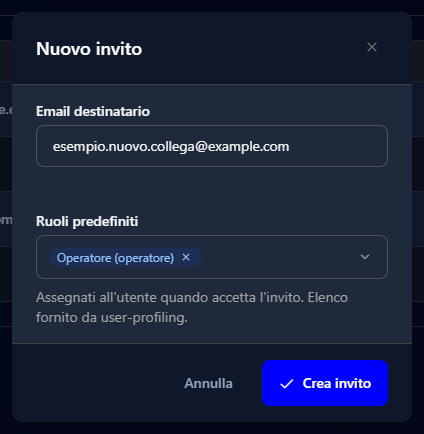 La finestra Nuovo invito compilata con un indirizzo d'esempio e il ruolo Operatore