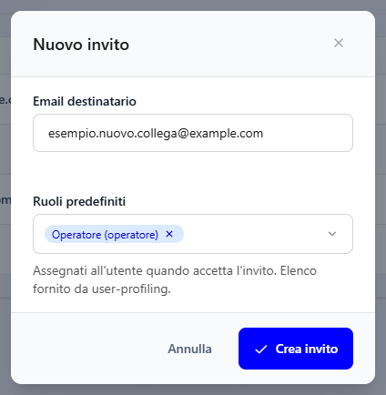 La finestra Nuovo invito compilata con un indirizzo d'esempio e il ruolo Operatore