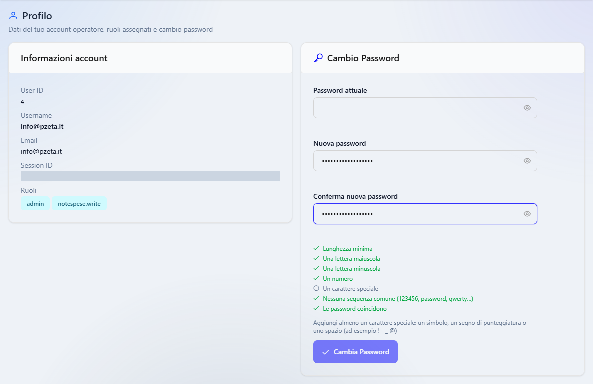 La pagina Profilo con le informazioni dell'account a sinistra, il codice della sessione oscurato, e a destra il cambio della password con tutti i requisiti verdi tranne Un carattere speciale