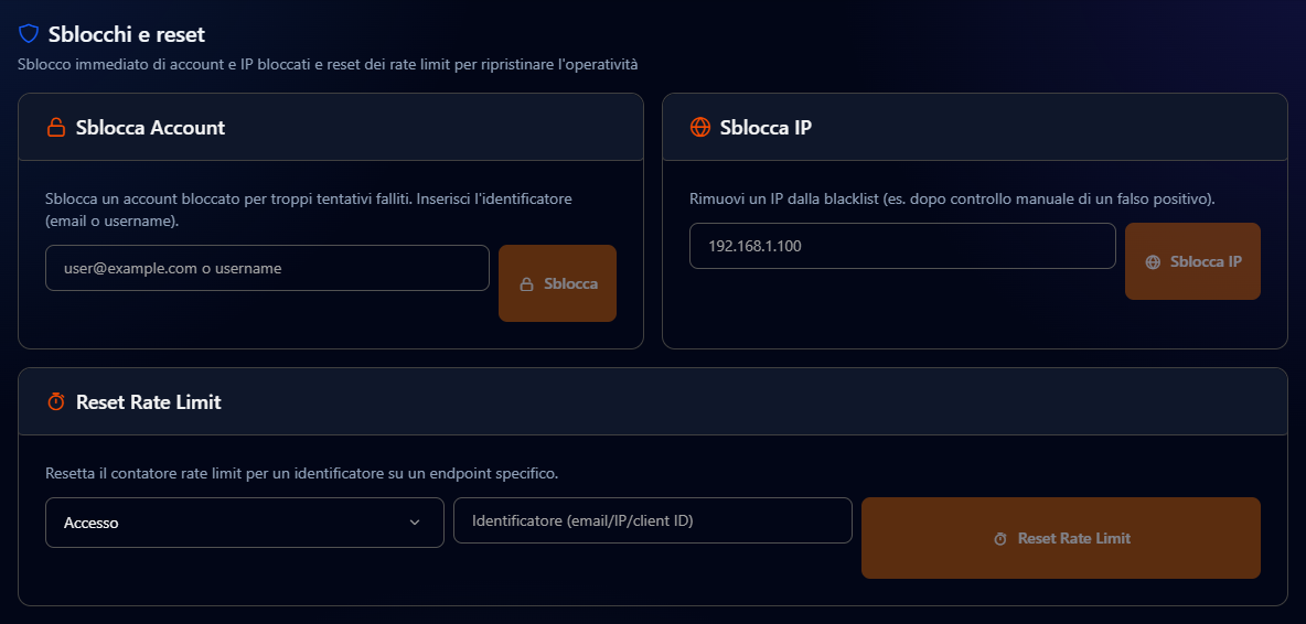 La pagina Sblocchi e reset con i riquadri Sblocca Account, Sblocca IP e Reset Rate Limit