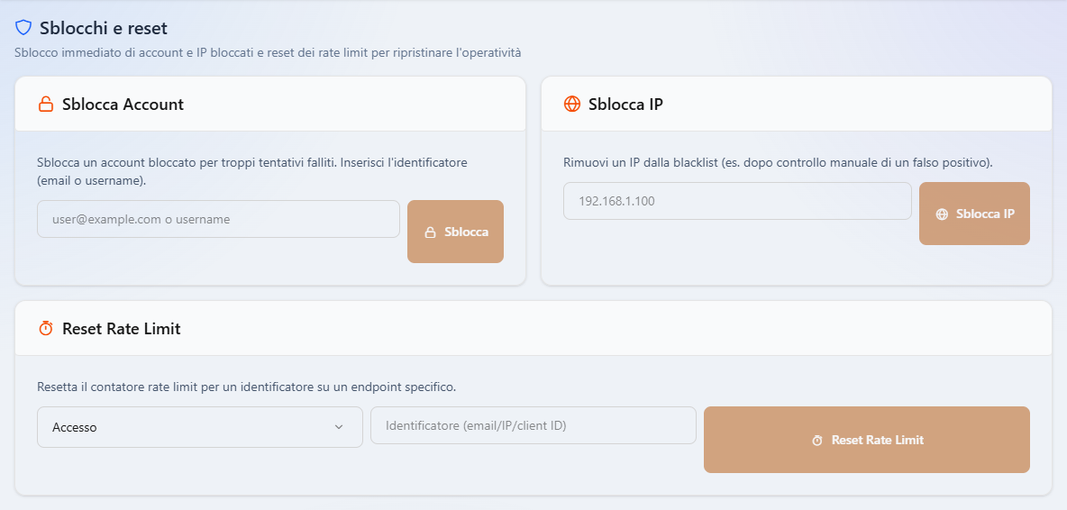 La pagina Sblocchi e reset con i riquadri Sblocca Account, Sblocca IP e Reset Rate Limit