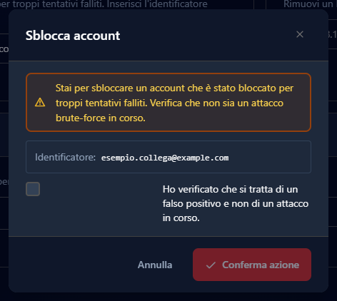La finestra Sblocca account con l'avviso, l'email d'esempio e la casella di conferma ancora da spuntare