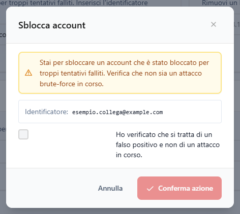 La finestra Sblocca account con l'avviso, l'email d'esempio e la casella di conferma ancora da spuntare