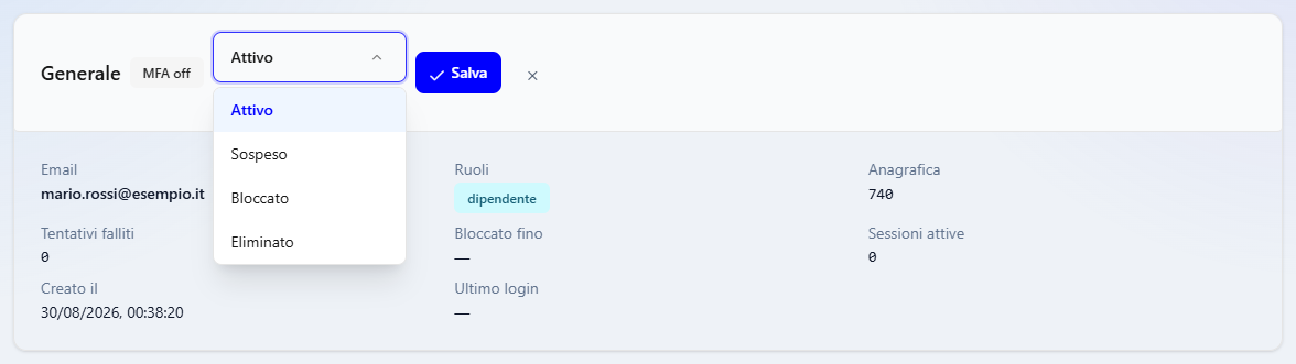 Il menu a tendina dello stato aperto nella scheda dell'utente, con le voci Attivo, Sospeso, Bloccato ed Eliminato